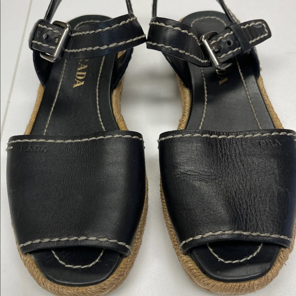 Prada Vitello Montana Logo Espadrille Sandals in Black.Sz 6.5. Stylish & Comfy - Picture 7 of 7